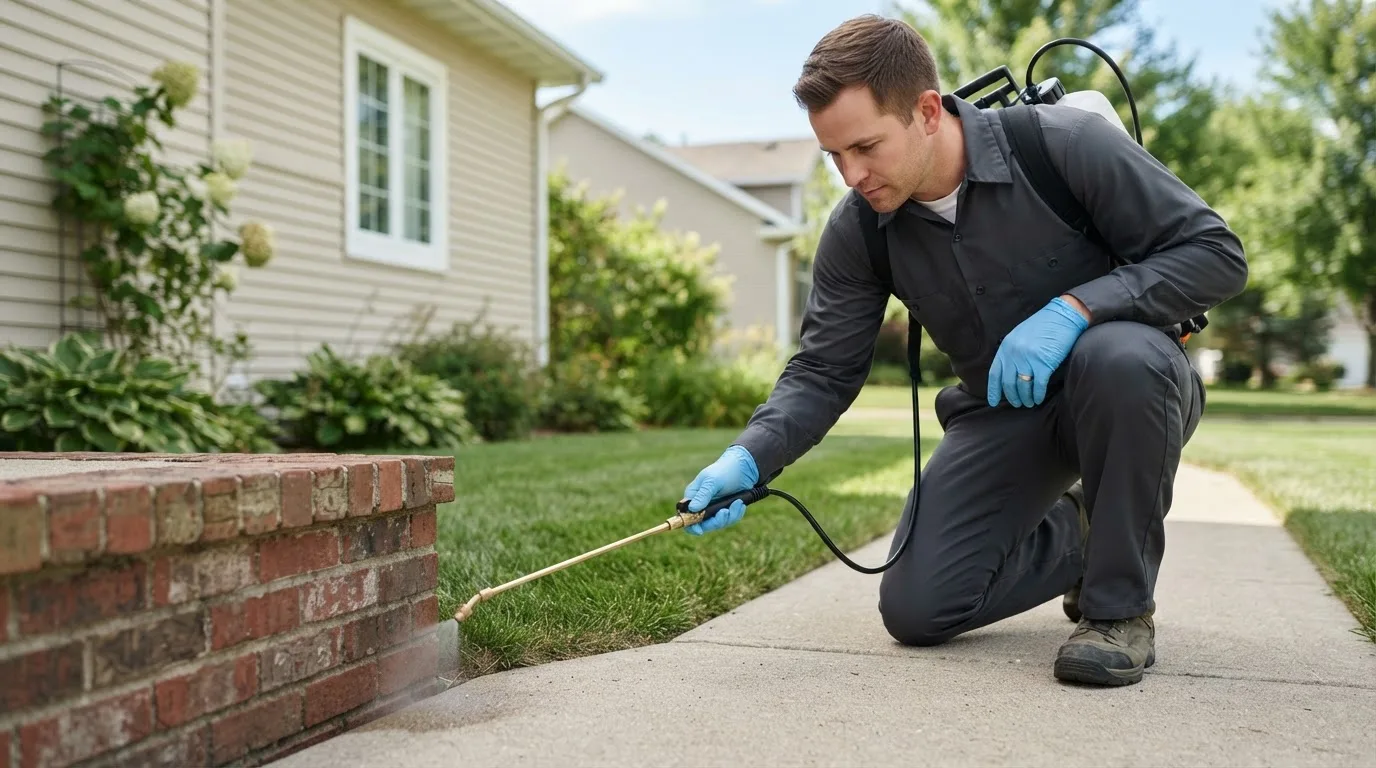 Pest control technician treating a home near Saint Ansgar, IA